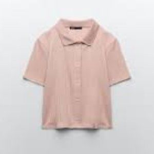 Zara Cropped Top Peach Button Down Front Short Sleeve Knit New Size Med